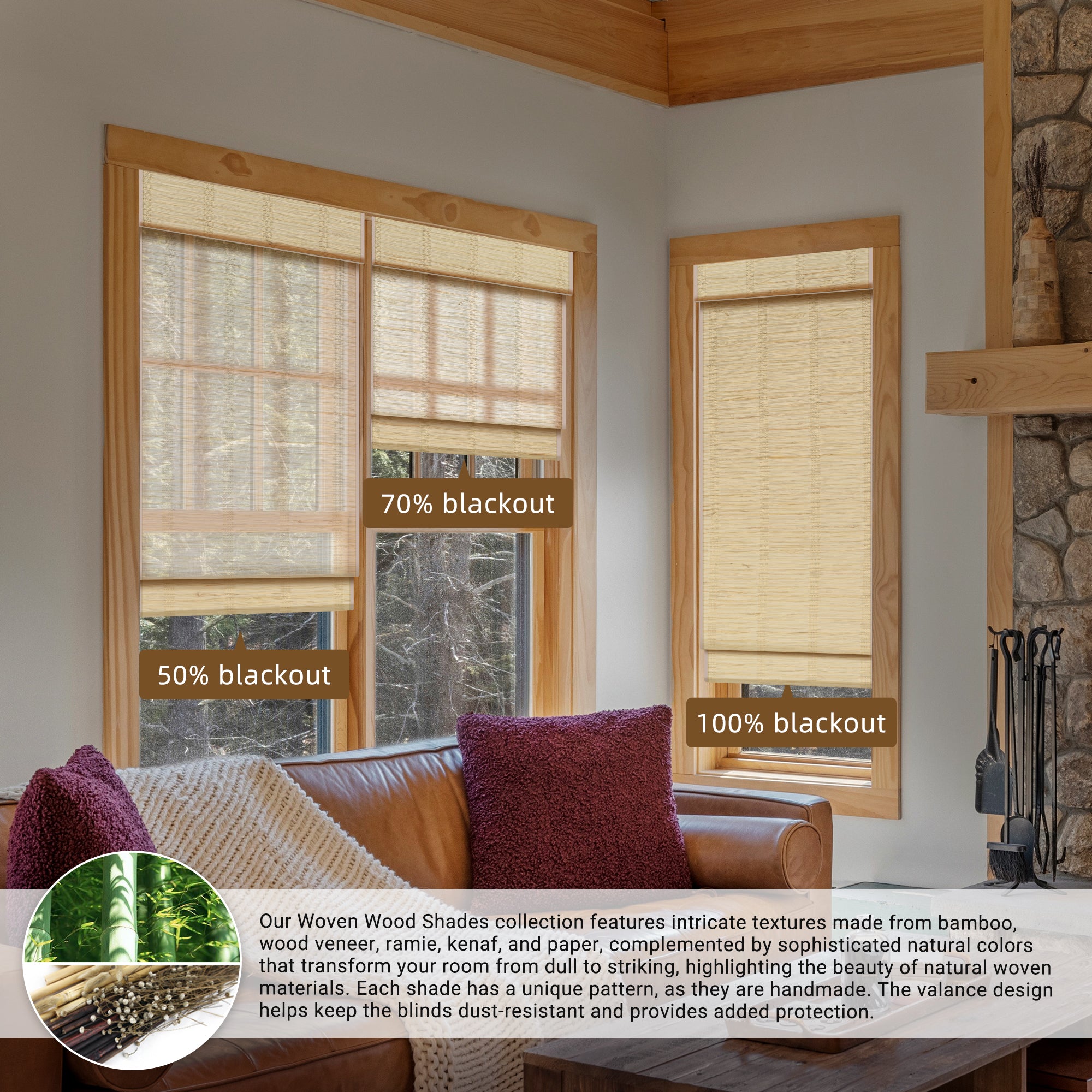SmartWings Motorized Woven Wood Shades 50%/70%/100% Blackout Persephone