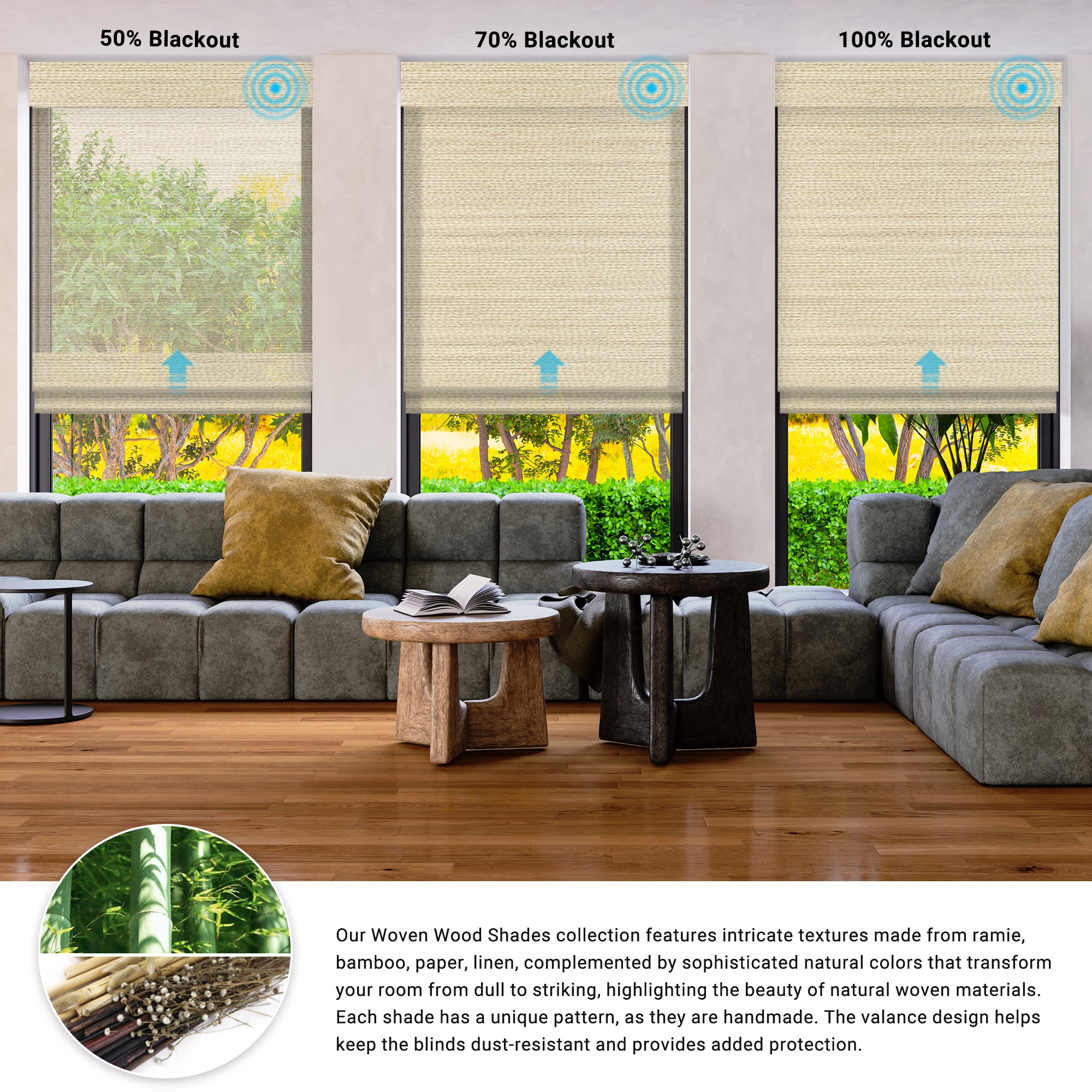 SmartWings Motorized Woven Wood Shades 50%/70%/100% Blackout Aphrodite