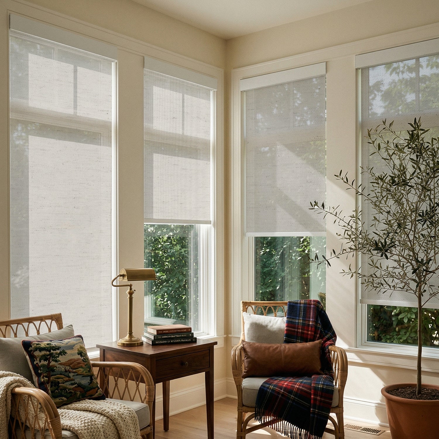 SmartWings Motorized Light Filtering Linen Solar Shades 5% Openness Dune