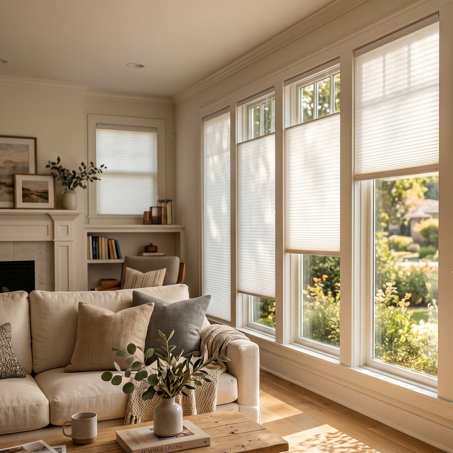 SmartWings cellular shades controlling light in a living room