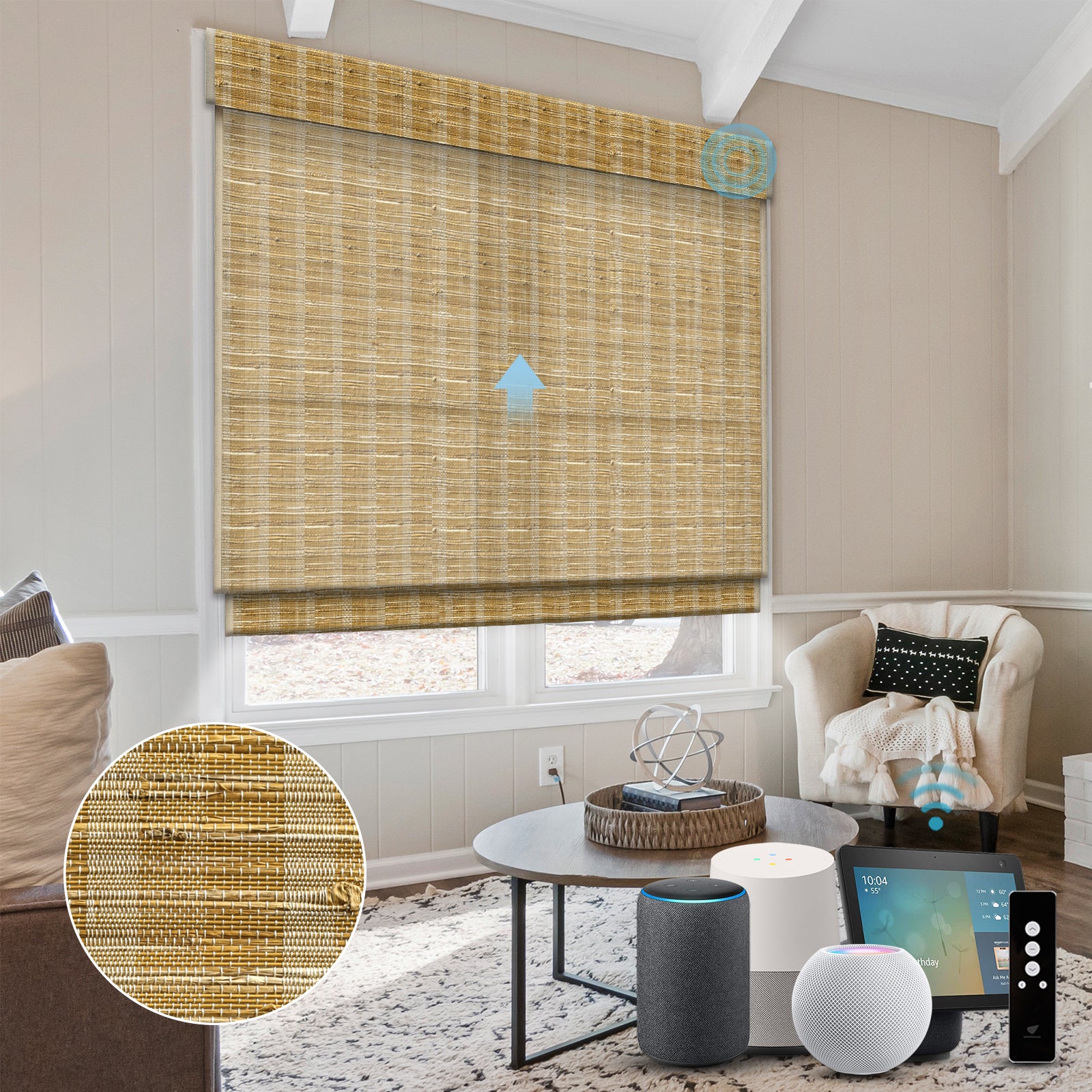 SmartWings Motorized Woven Wood Shades 50%/70%/100% Blackout Orithyia
