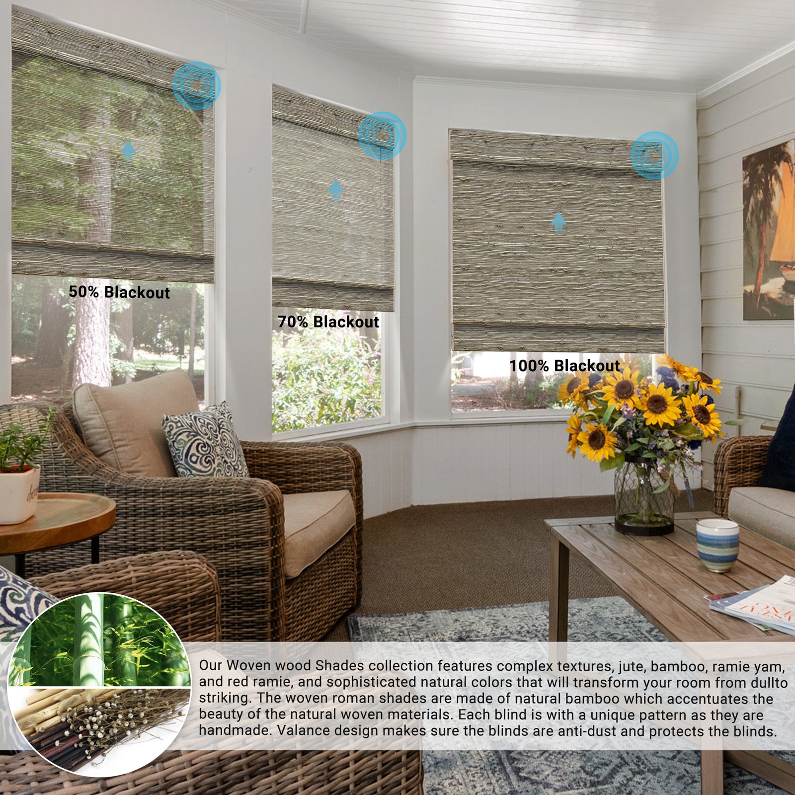 SmartWings Motorized Woven Wood Shades 50%/70%/100% Blackout