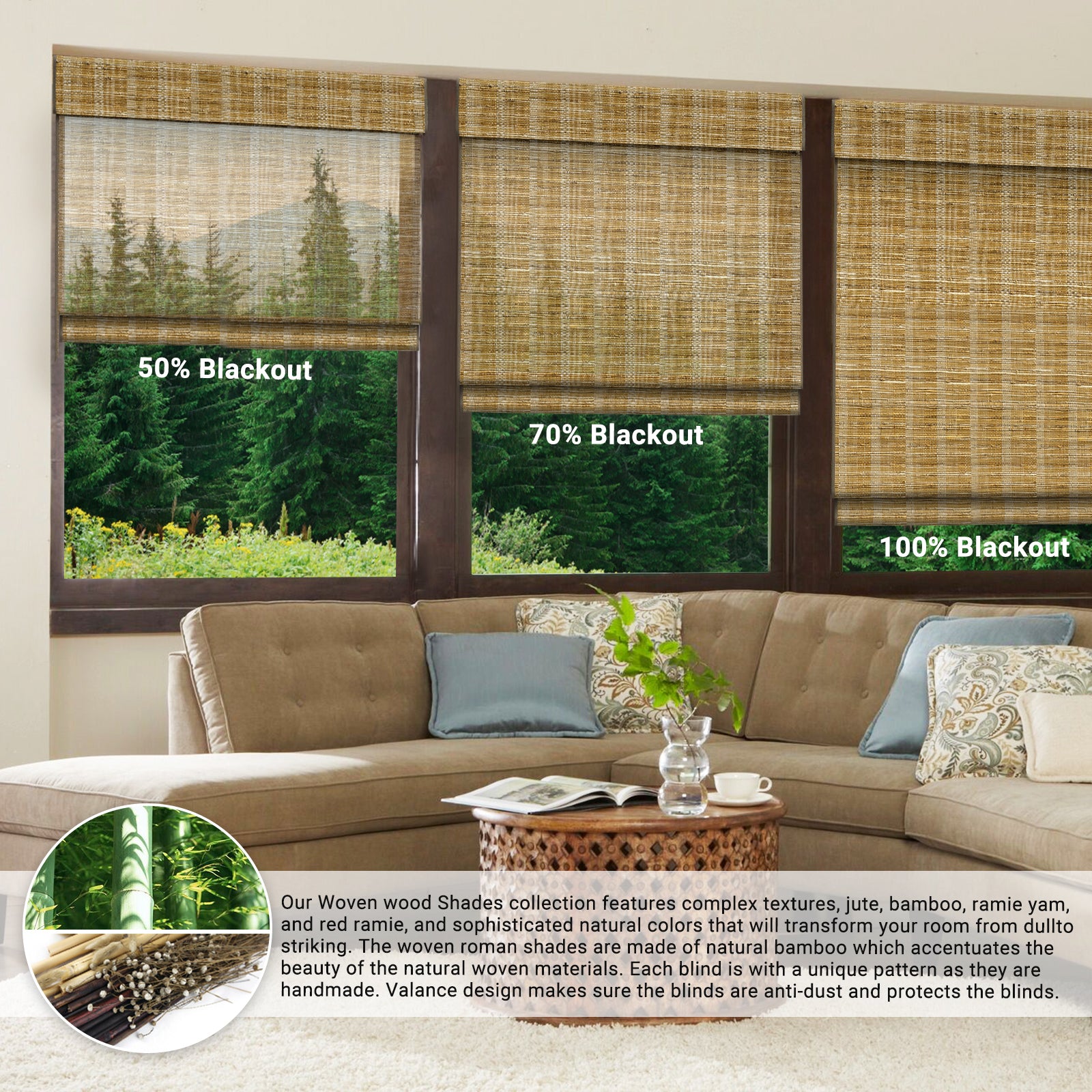 SmartWings Motorized Woven Wood Shades 50%/70%/100% Blackout Orithyia